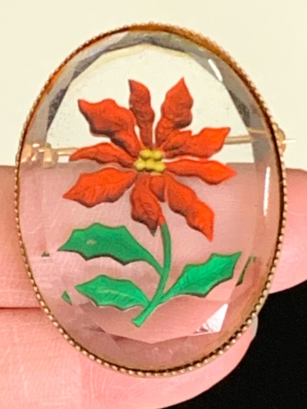 RARE- Vintage reverse glass Poinsettia brooch